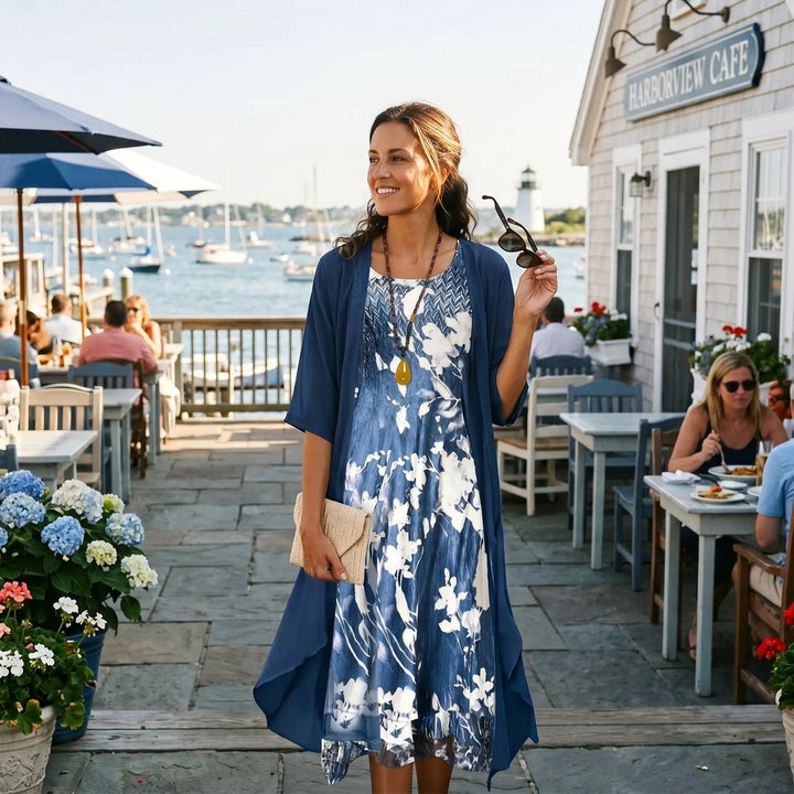 Stylish women's cardigan from a two-piece set, offering versatile layering over a floral long dress.