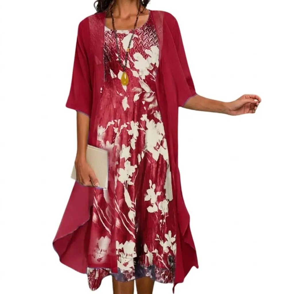 Women's complete two-piece outfit: a comfortable long floral dress paired with a stylish cardigan.