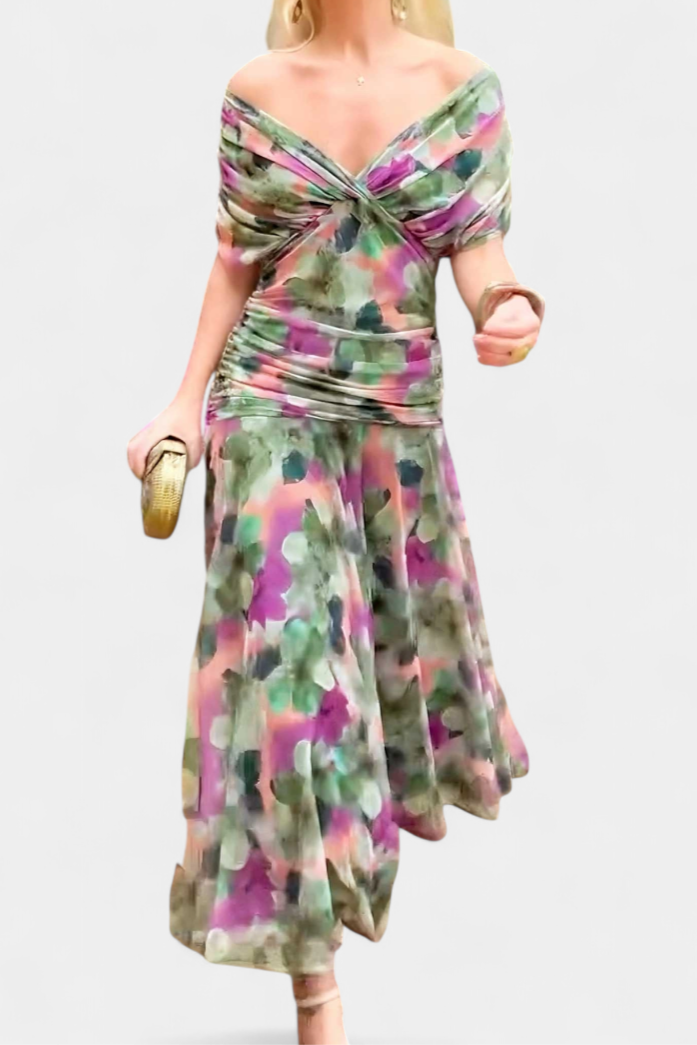 Elegant floral long sleeve off-shoulder dress for women. Perfect maxi gown for ceremonies & special occasions.