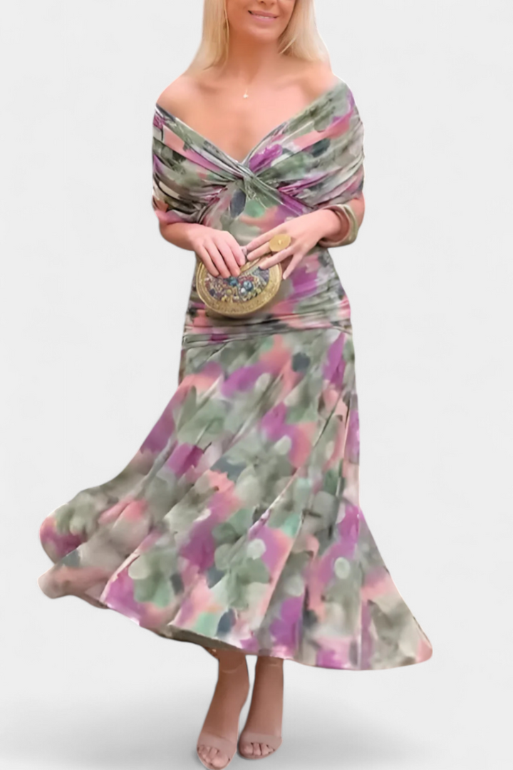 Beautiful floral off-shoulder ceremony dress for women. Long sleeve maxi gown, ideal for evening events.