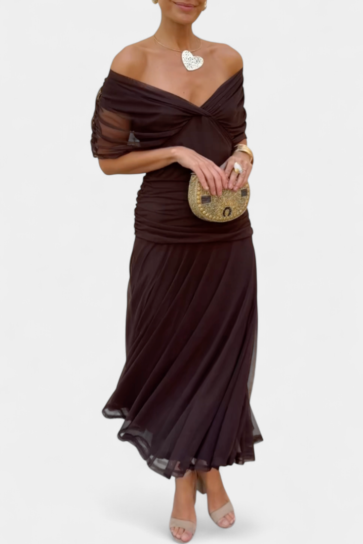 Vibrant floral print off-shoulder dress. Long sleeve maxi gown, perfect for women's ceremony & formal wear.