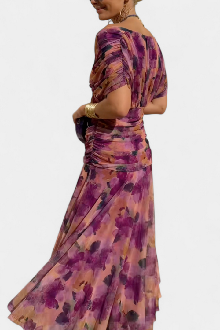Women's floral off-shoulder ruched maxi dress with a flattering sweetheart neckline, elegant.