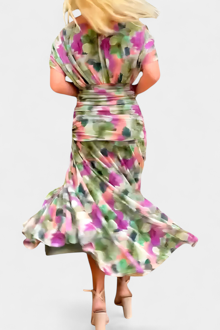 Elegant women's floral off-shoulder ruched maxi dress, suitable for parties, events, & wedding guests.