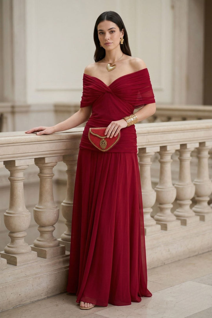 Women's elegant off-shoulder floral maxi dress with ruched bodice & sweetheart neckline, special.
