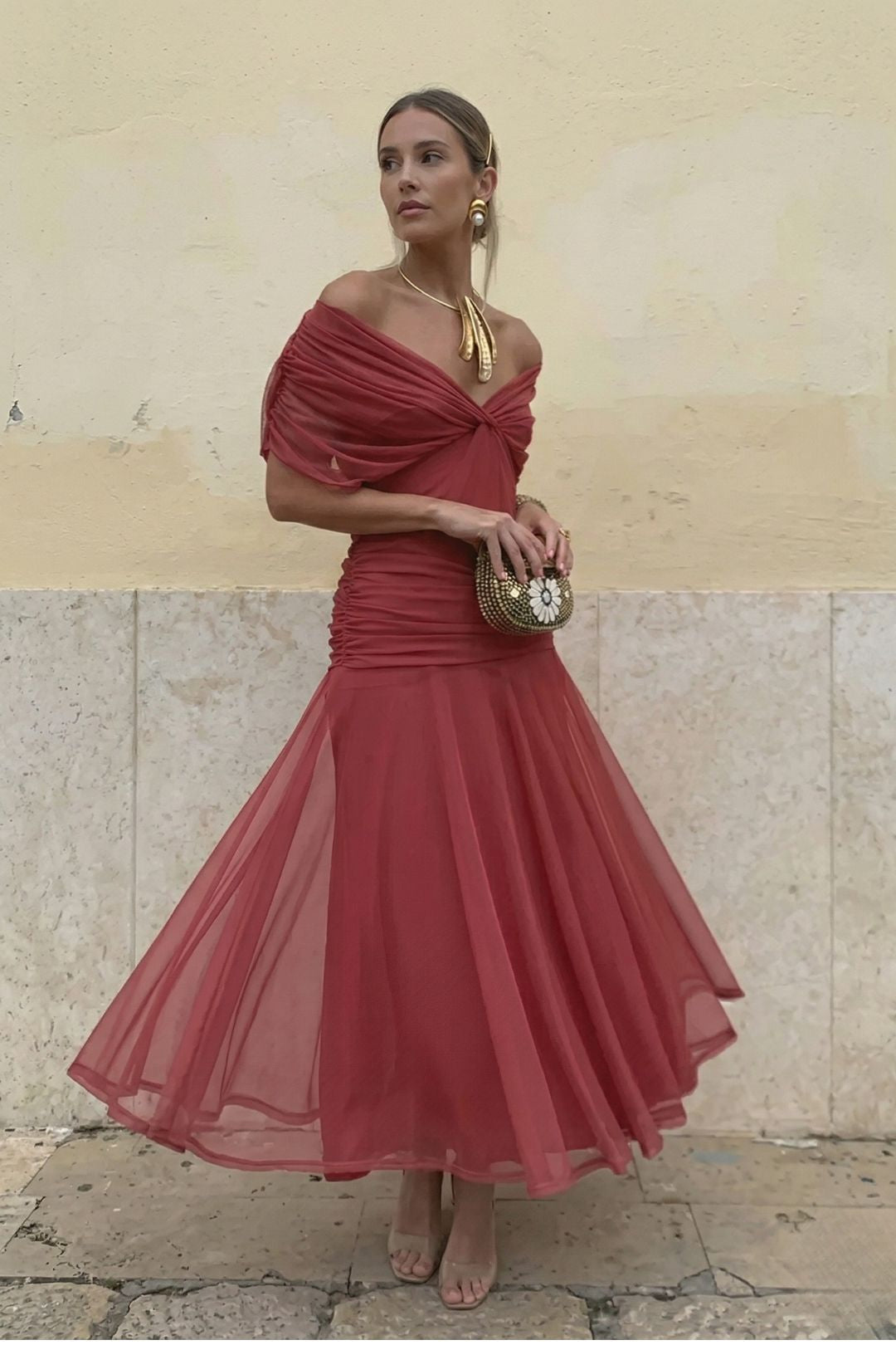 Gorgeous women's floral off-shoulder party dress, ruched maxi style, an elegant choice for evenings.
