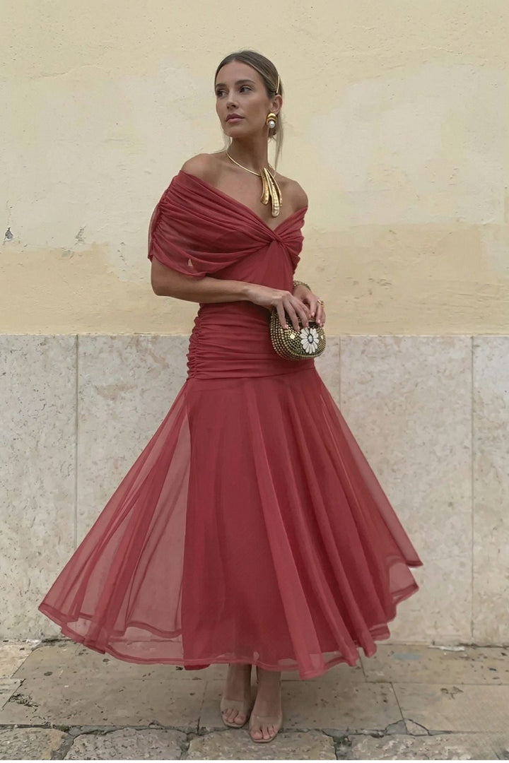 Gorgeous women's floral off-shoulder party dress, ruched maxi style, an elegant choice for evenings.