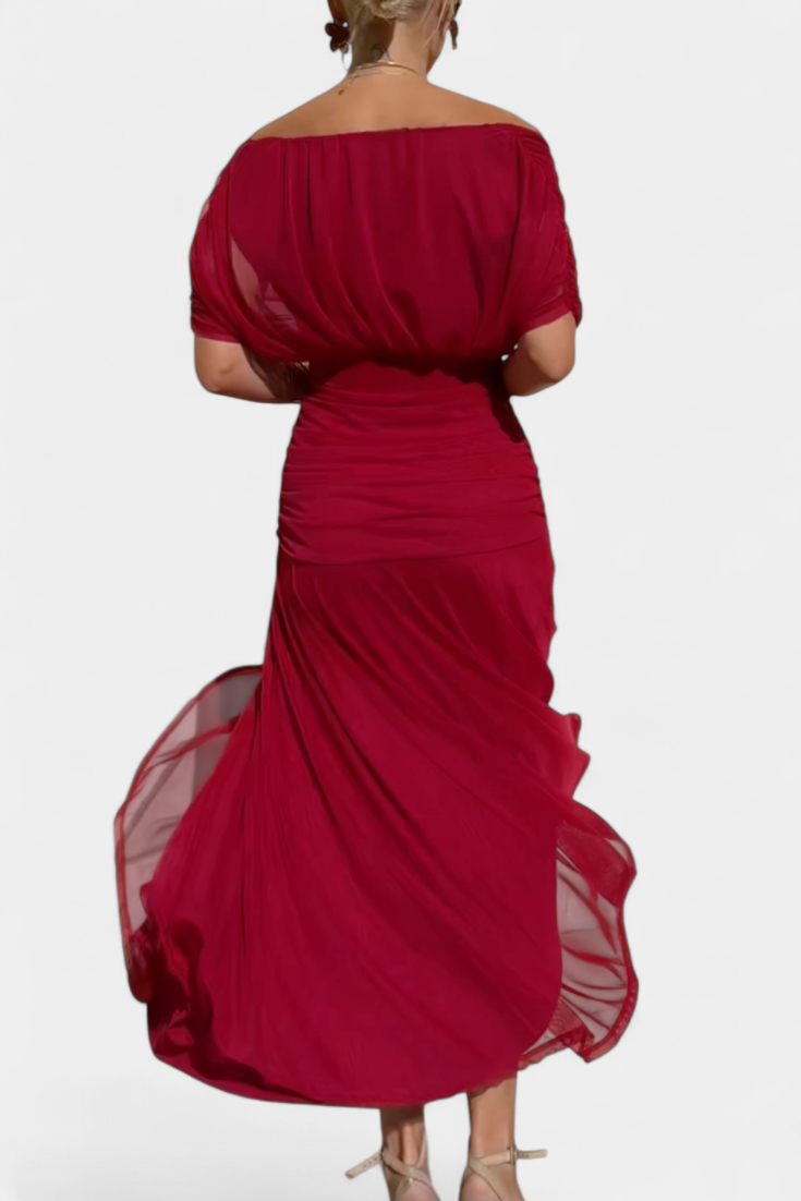 Floral off-shoulder ruched maxi dress for women, an elegant wedding guest or special occasion outfit.
