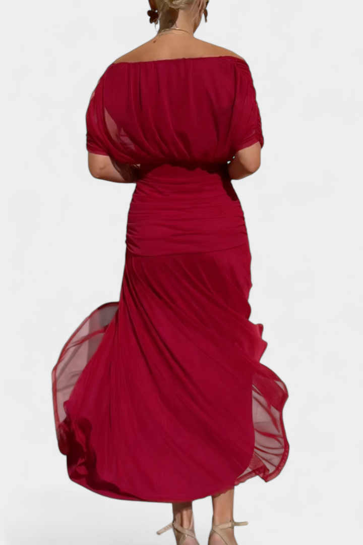 Floral off-shoulder ruched maxi dress for women, an elegant wedding guest or special occasion outfit.