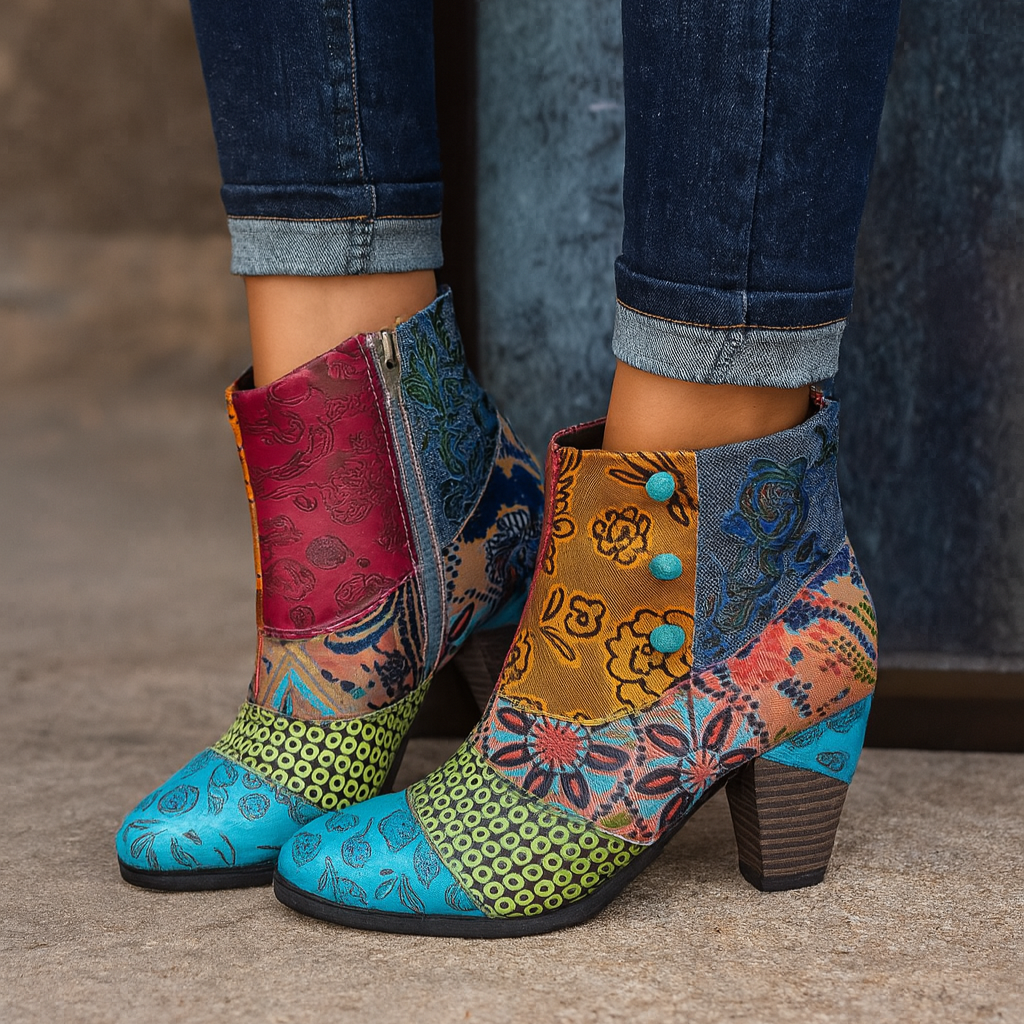 Fashionable women's heeled boots with a vibrant floral pattern, ideal for dressy occasions.