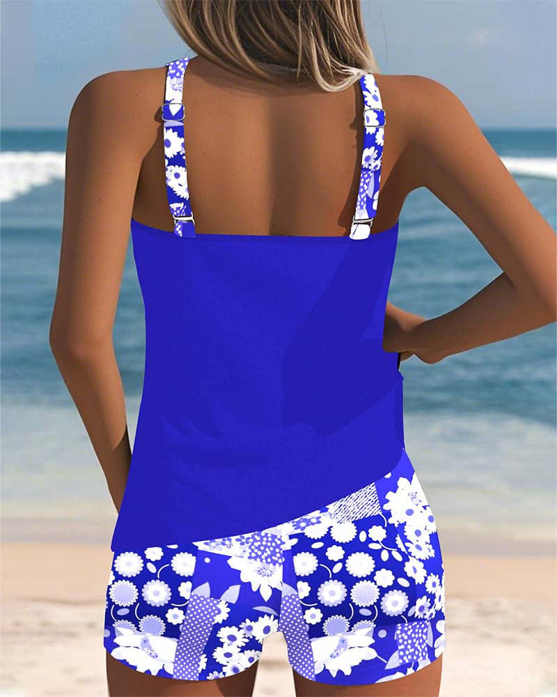 Women's active floral print racerback tankini top and boyshort set. Comfortable, supportive swimwear.