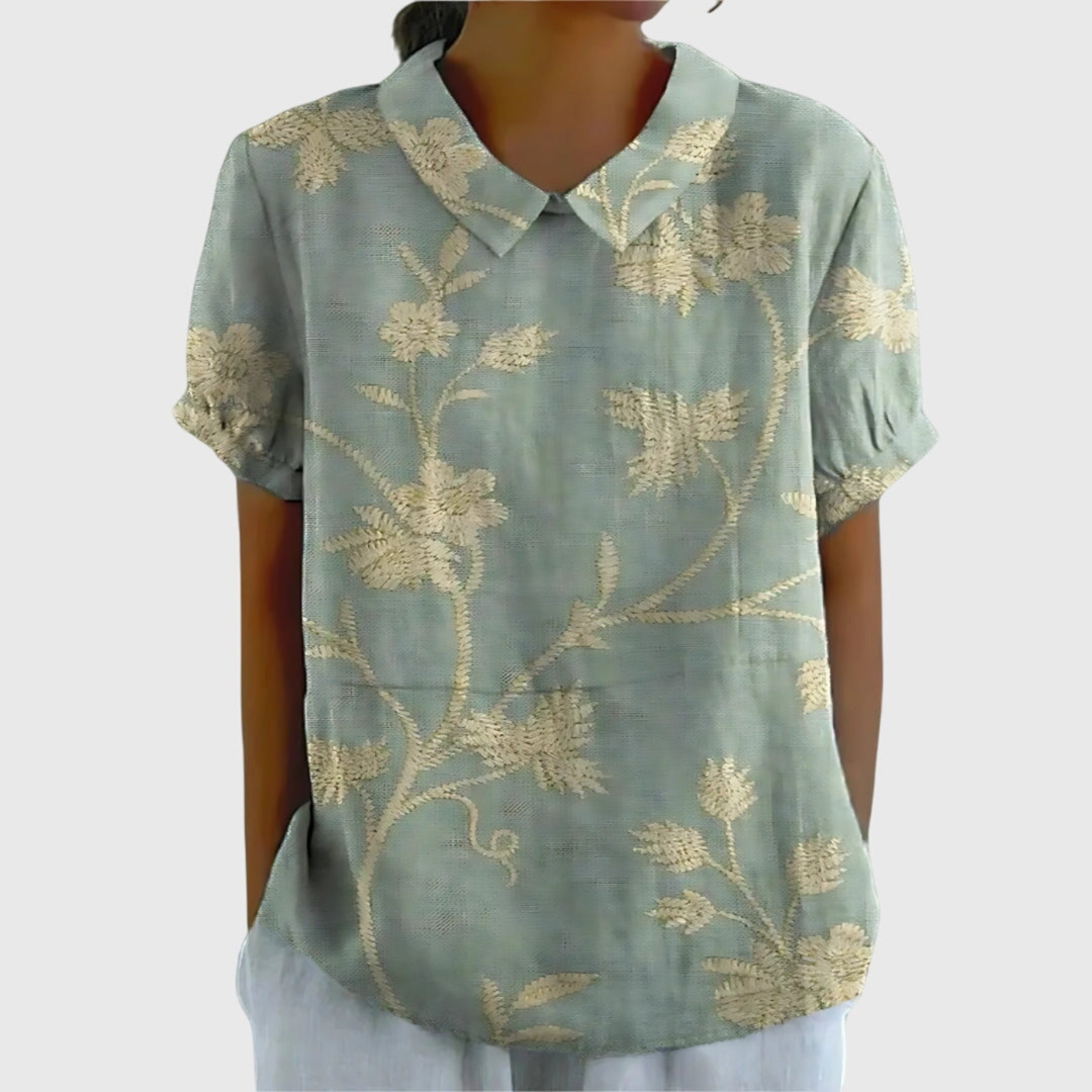 Spring-summer women's floral print short sleeve blouse with a classic collared design, stylish & fresh.
