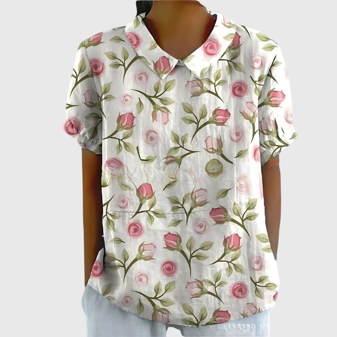 Summer fashion women's floral print short sleeve blouse with a chic collar for everyday elegance.