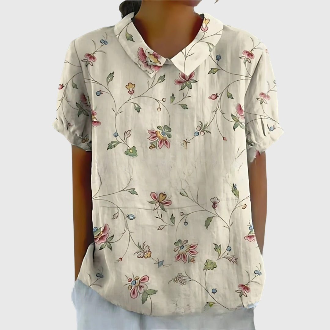 Casual women's floral print short sleeve collared top, ideal for spring and summer everyday wear.