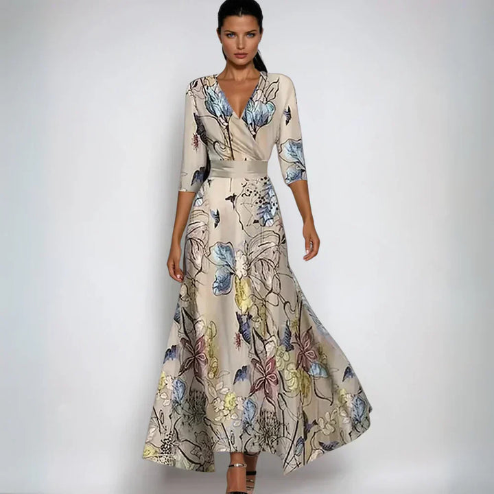 Chic women's floral print V-neck wrap maxi dress with 3/4 sleeves, a beautiful choice for formal or party wear.