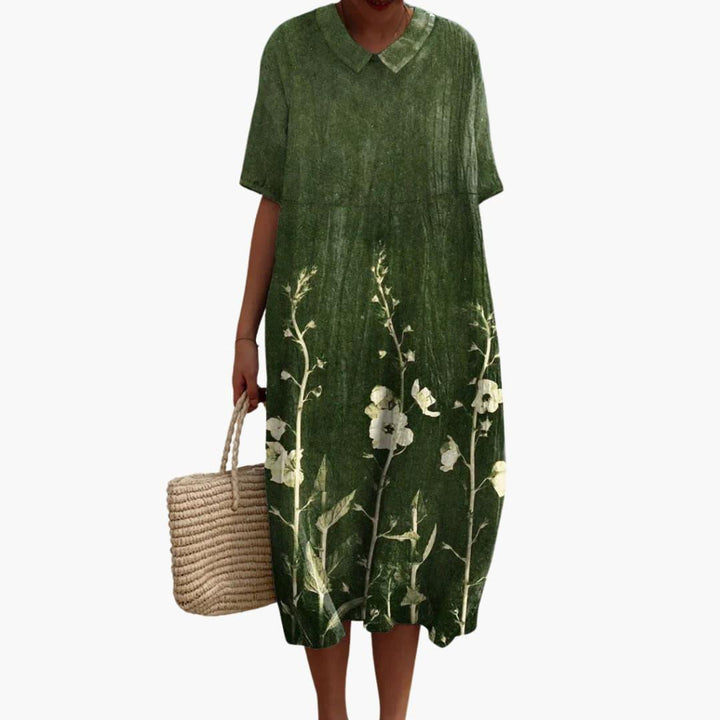 Flowy floral midi dress for women, featuring a flattering V-neck and short sleeves. Perfect for summer.
