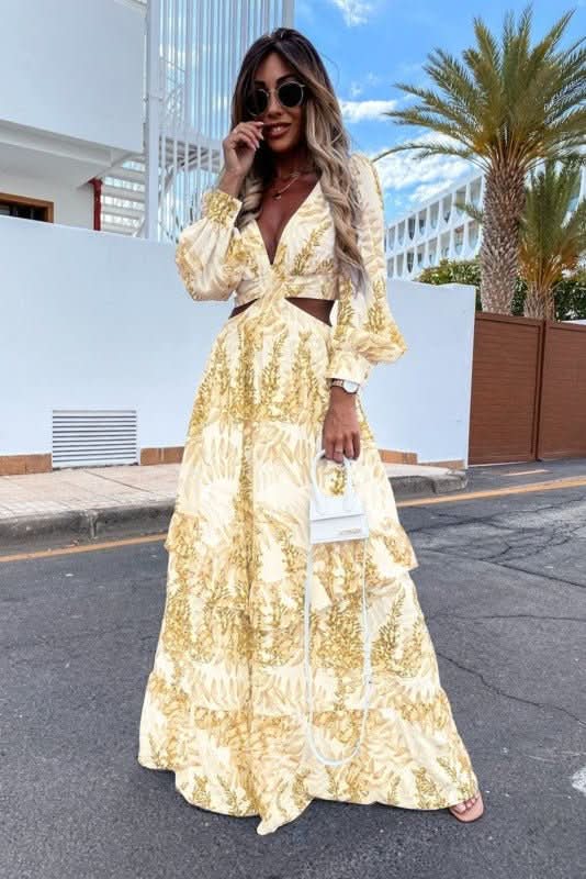 Comfortable women's flowy summer maxi dress, versatile for beach, vacation, or elegant casual look.