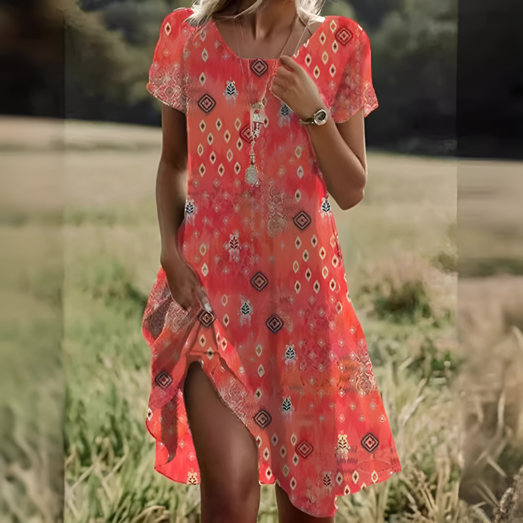 Effortless women's casual flowy summer dress, a versatile midi for everyday wear.