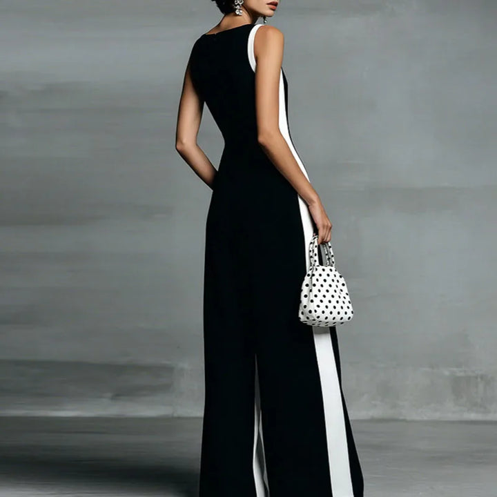 Versatile women's flowy wide-leg jumpsuit with sleeveless V-neck. Ideal for casual, elegant, and summer wear.