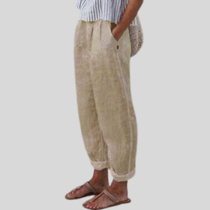Women's folded hem lightweight trousers for casual summer and spring fashion. Relaxed fit for comfort.
