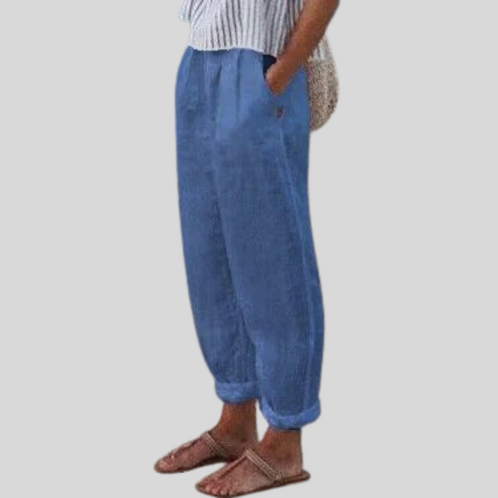 Versatile women's folded hem lightweight trousers, perfect for smart casual or everyday spring/summer wear.