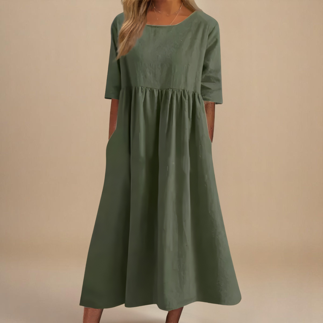 Women's gathered waist half-sleeve midi dress, perfect for effortless style and comfort.
