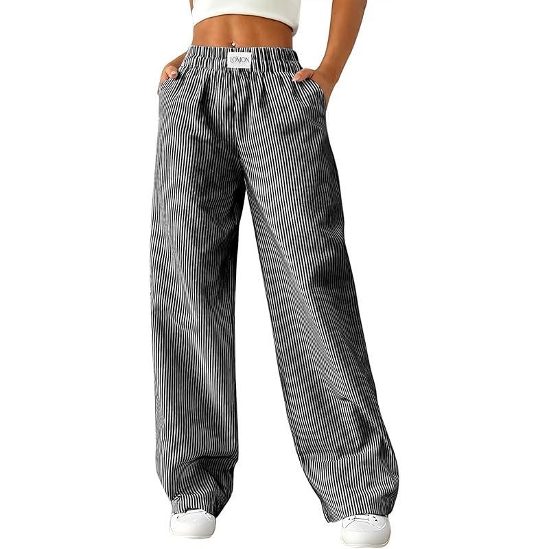 Model wearing casual women's gingham wide-leg boxer pants, perfect for loungewear
