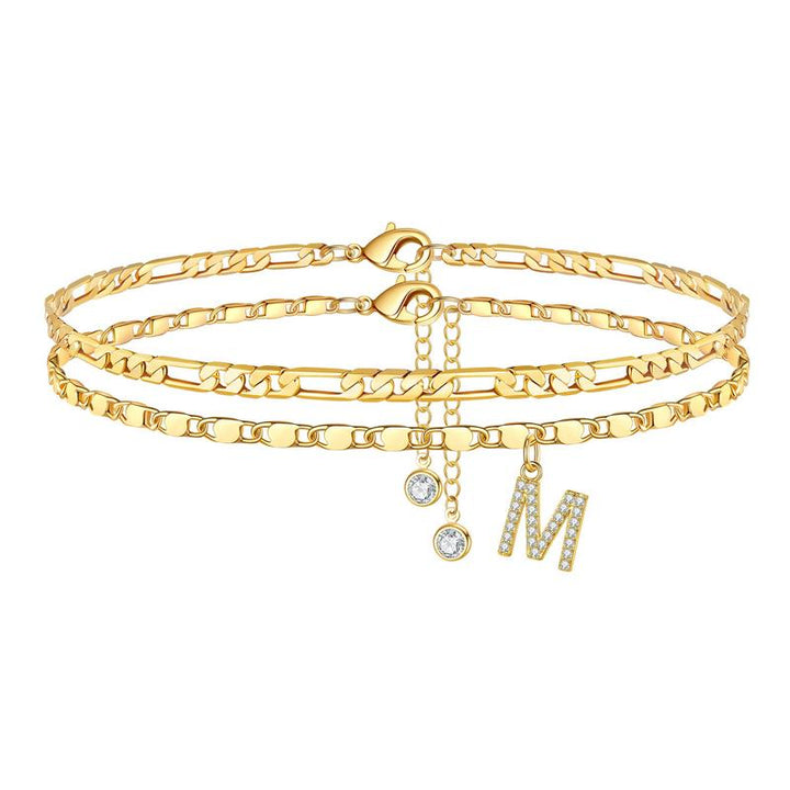 Chic women's gold anklet with initial 'J' and a crystal charm, personalized gold plated jewelry