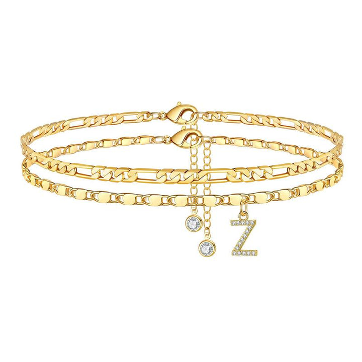 Fashionable gold initial anklet for women, 'W' initial and crystal accent, adjustable design