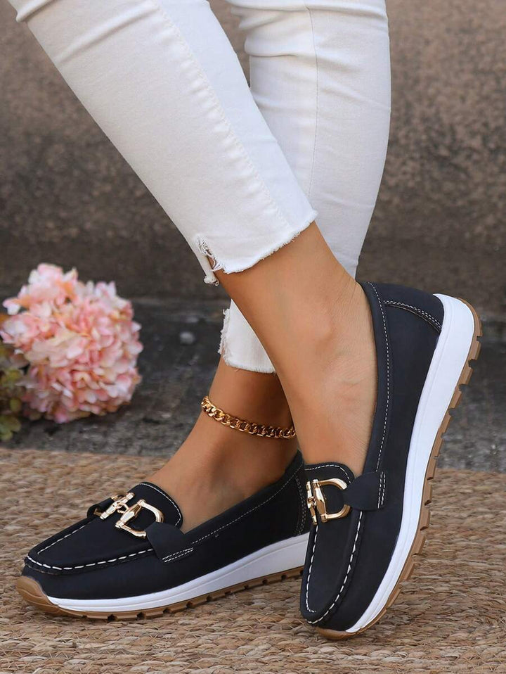 Women's gold-trim horsebit loafers, elegant classic slip-on shoes for all-day comfort and style.
