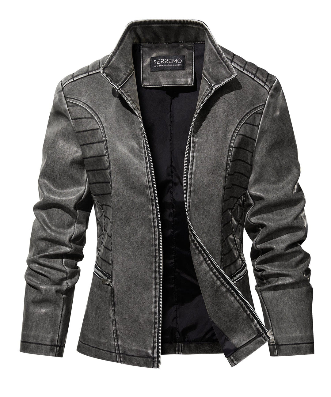 Women's gray moto-style faux leather jacket with quilted shoulders, tailored fit, and edgy design.