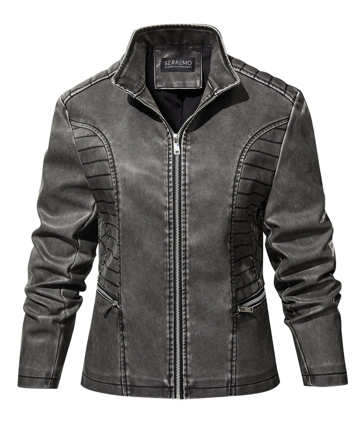 Close-up of women's faux leather moto jacket in gray, showing quilted detailing and zippered pockets.