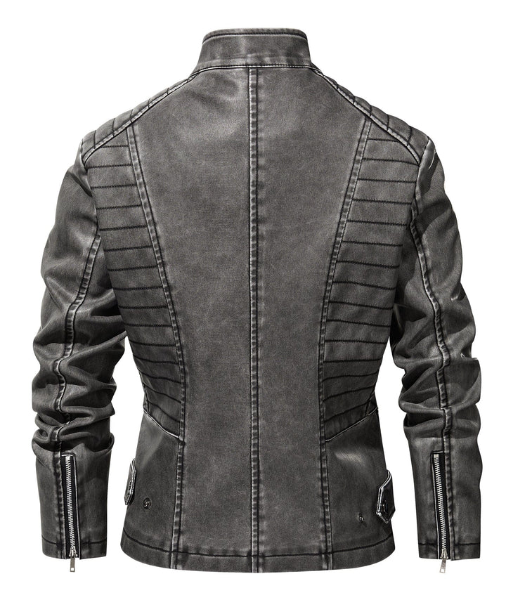 Full shot of a woman wearing a tailored gray faux leather moto jacket, perfect for versatile outerwear.