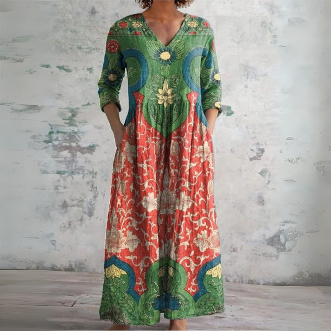 Women's green boho floral ethnic V-neck maxi dress. Flowy long summer casual dress with a vibrant print.