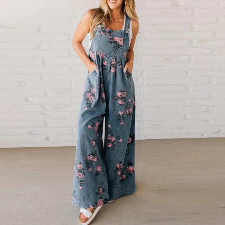 Women's handmade floral jumpsuit, comfortable & chic relaxed fit one-piece for summer casual wear.