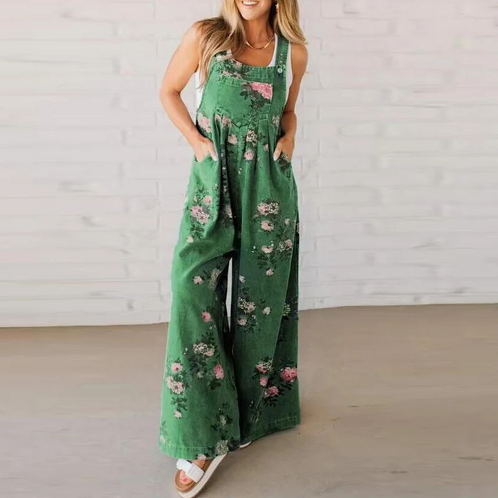 Chic women's handmade floral jumpsuit with a comfortable relaxed fit, perfect for versatile summer style.