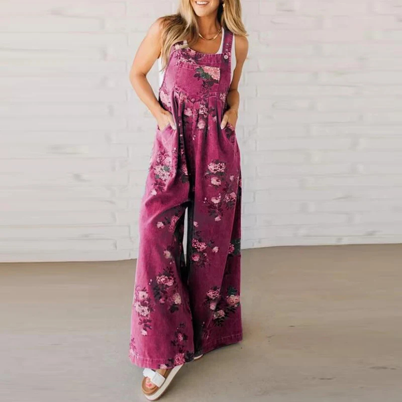 Vibrant handmade floral jumpsuit for women, offering a comfortable, relaxed fit and chic summer casual style.