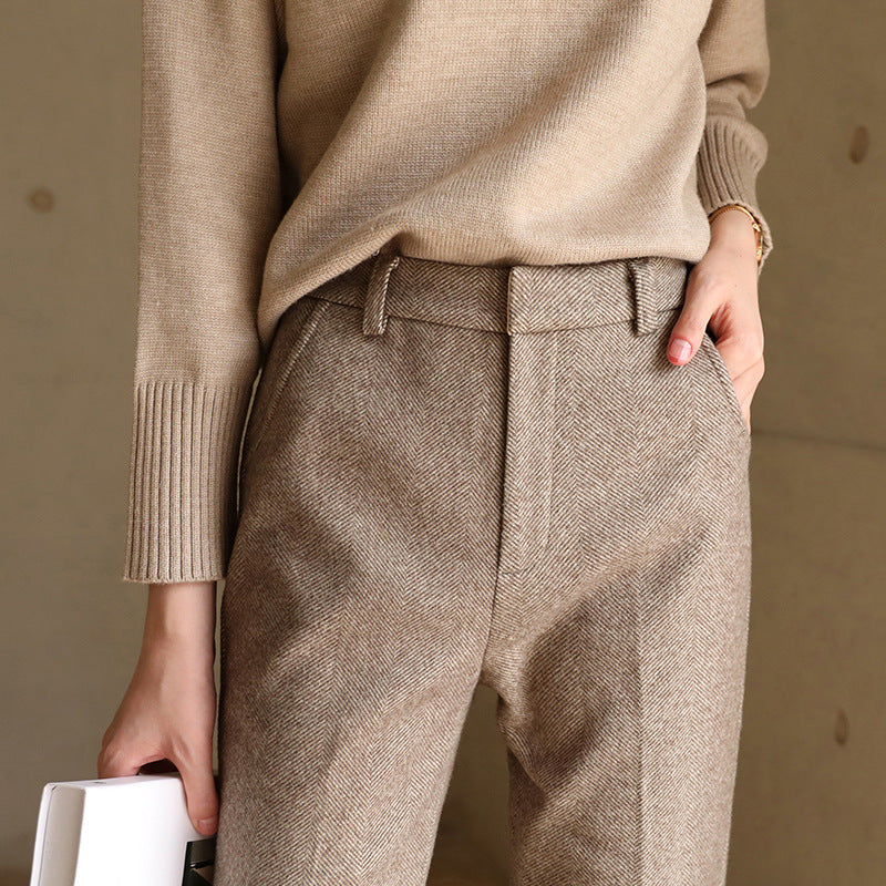 Women's high-waist camel wool blend straight leg trousers, business casual tailored pants