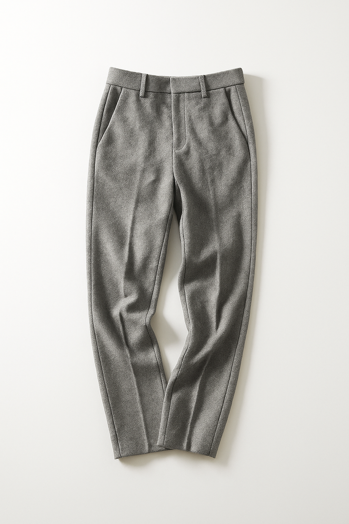 Women's high-waist wool blend straight leg trousers in camel, paired with a blazer