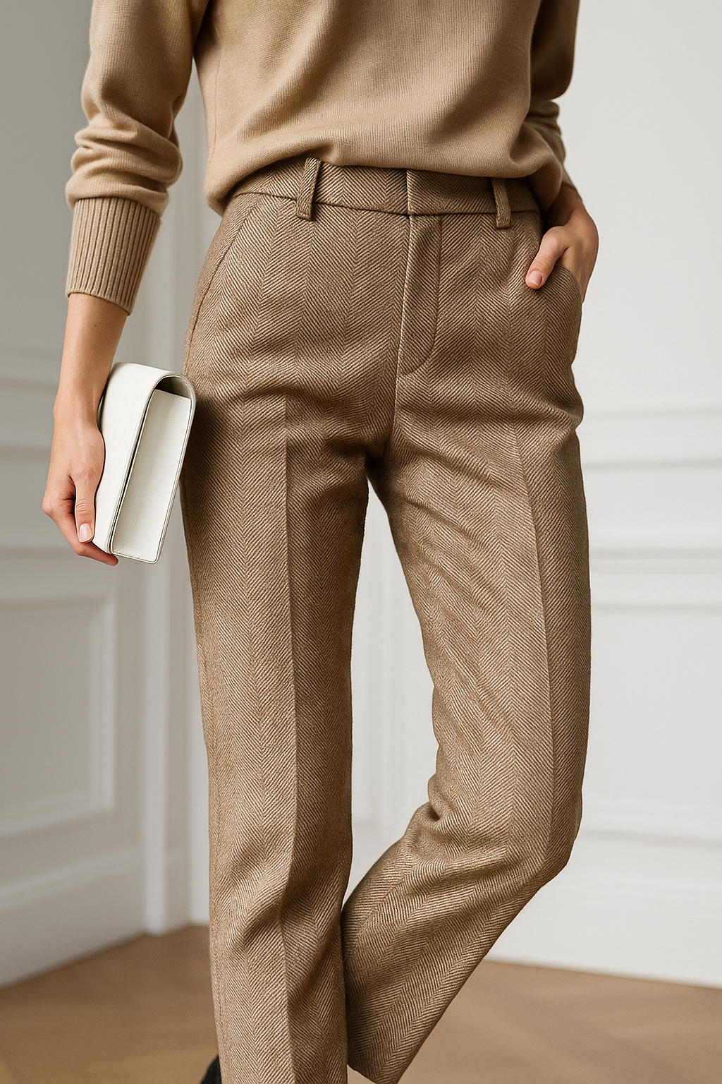 Gray high-waist wool blend straight leg tailored pants, ideal for a chic smart casual outfit