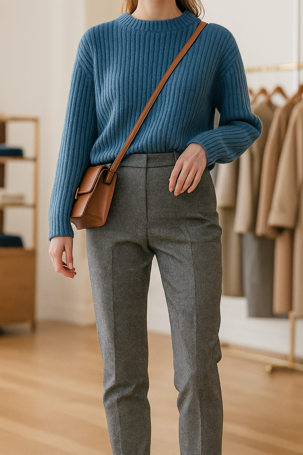 Detail photo of the hook and bar closure on camel high-waist wool blend trousers