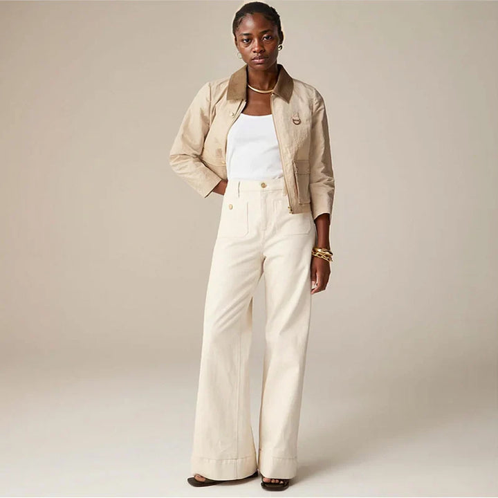 Women's high-waist capri denim trousers styled with a top, chic casual summer look