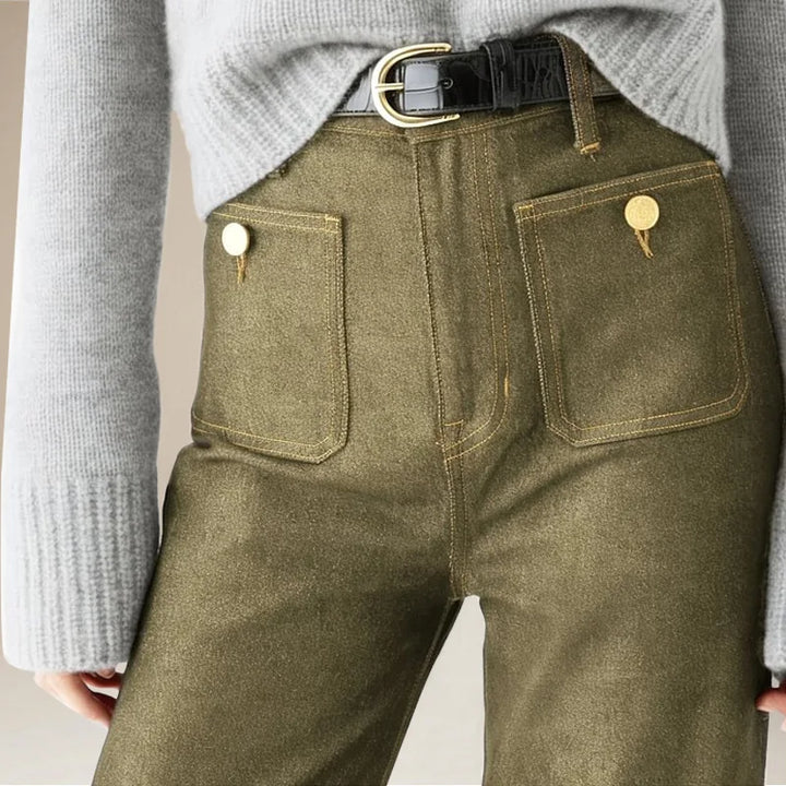 Model wearing women's high-waist capri denim trousers, comfortable and stylish