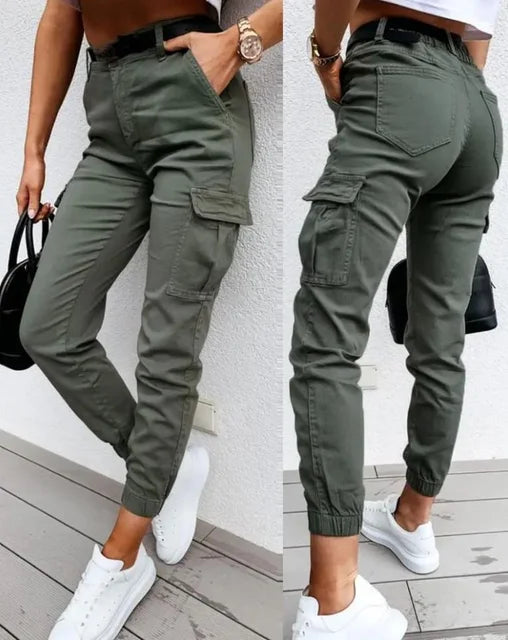 Women's high waist cargo jogger pants with multiple utility pockets. Perfect for casual streetwear style.