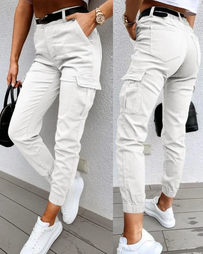 Women's high waist utility cargo joggers, ideal for versatile everyday wear & modern street style.