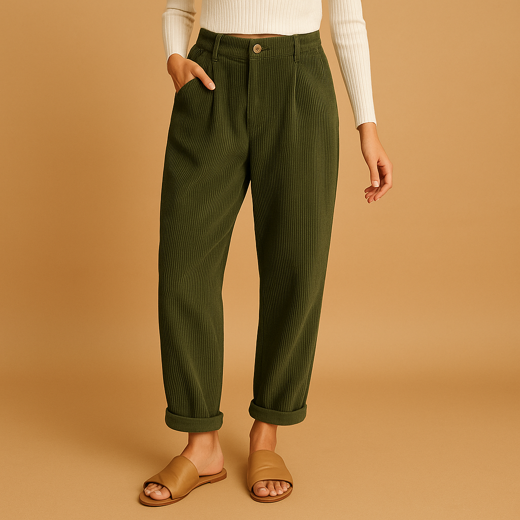 Stylish corduroy high waist pants for women. Relaxed fit straight leg trousers, perfect for autumn casual outfits.
