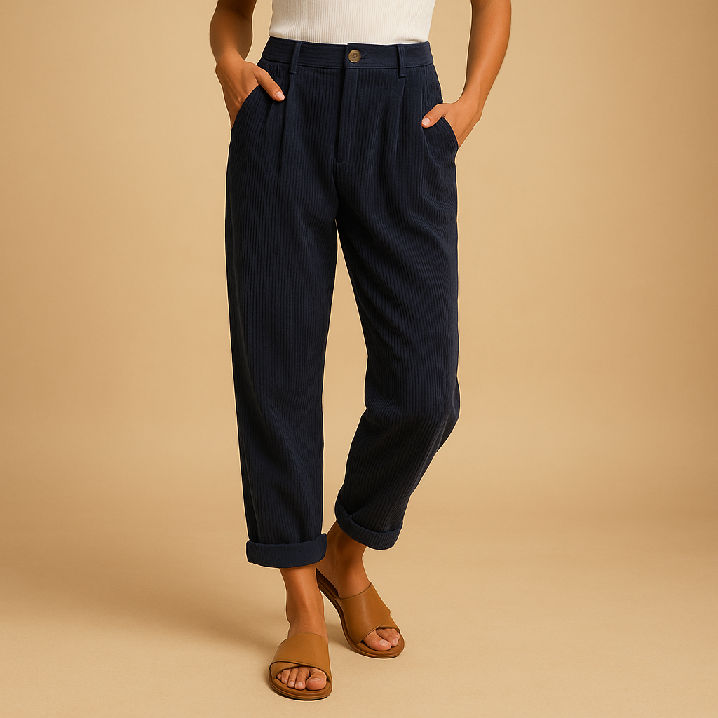 Versatile women's high waist corduroy pants. Straight leg, relaxed fit trousers, great for comfortable autumn style.
