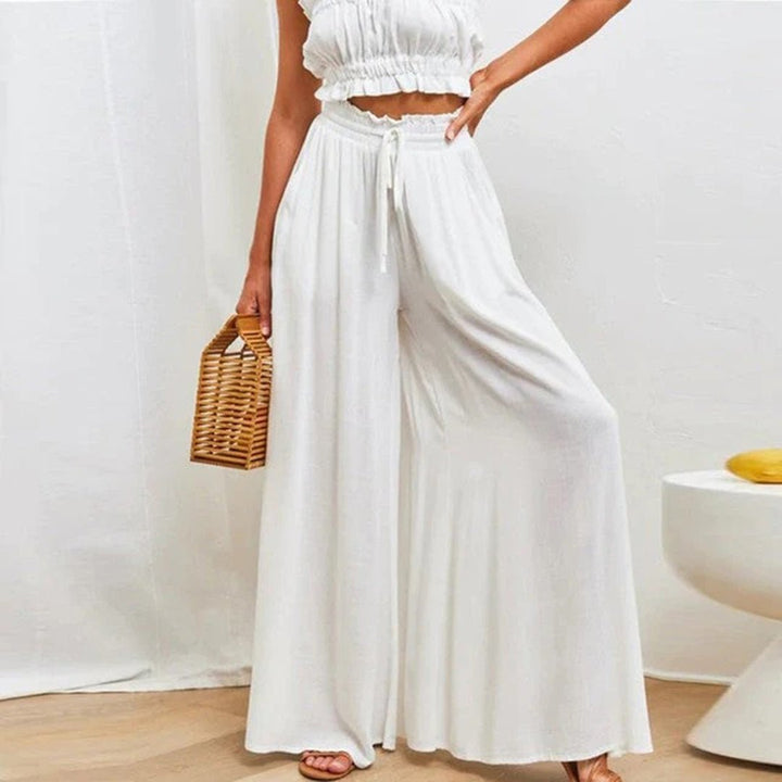 Comfortable women's high waist wide leg pants, drawstring waist, relaxed fit, perfect for everyday casual style.