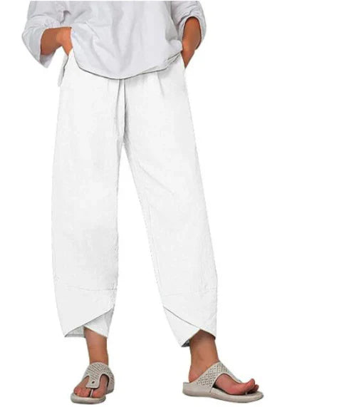Comfortable women's high-waist wide leg pants, perfect for summer with a distinct tulip hem.