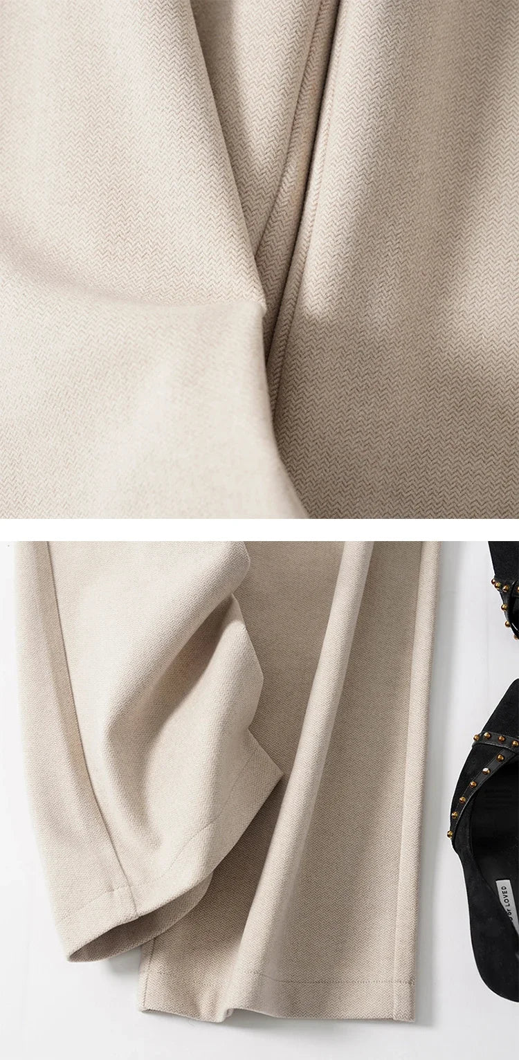 Women's high-waist wide-leg wool blend trousers in a light grey, versatile for various occasions