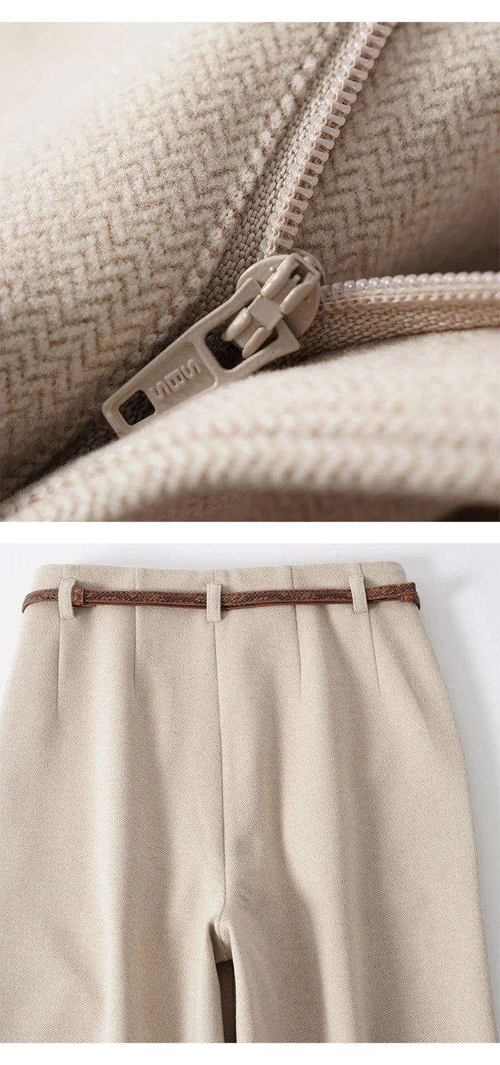Close-up of the hem of women's wide-leg wool blend trousers, neatly finished and tailored